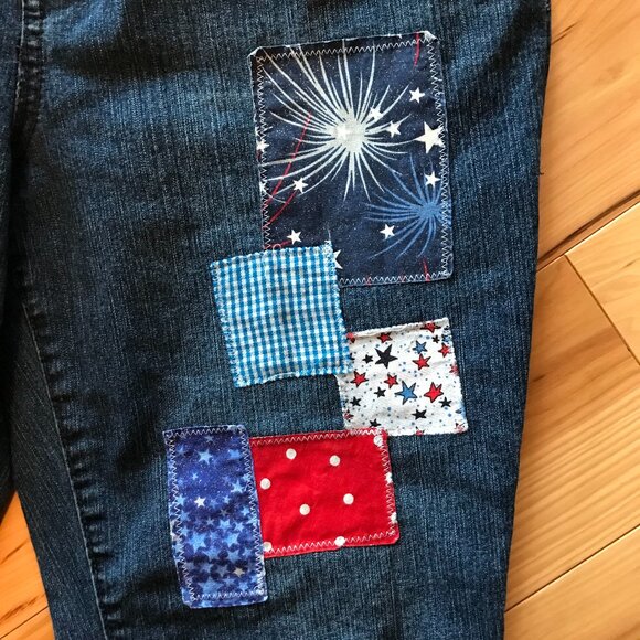 Upcycled Patchwork Jean Capris: Patriotic Theme Cropped Pants 4th of July, 12P - Picture 11 of 12
